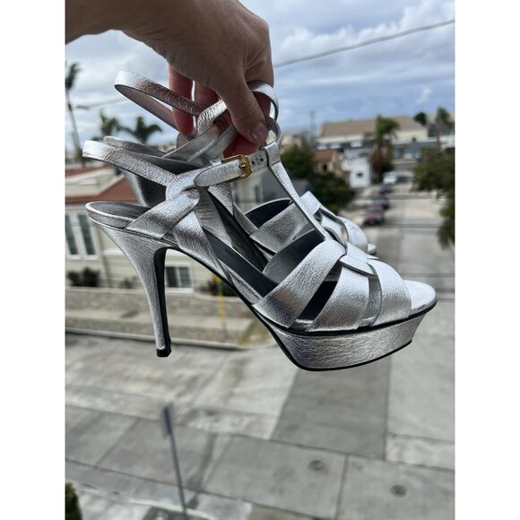 Yves St. Laurent Tribute metallic silver platfrom t-strap sandals open toe 39.5 - Picture 1 of 16